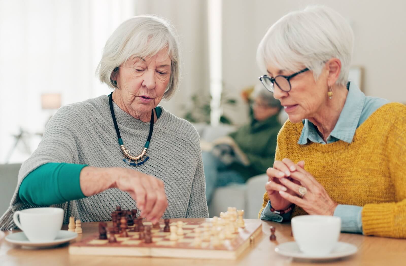 Two friends bonding over their chess game in assisted living.