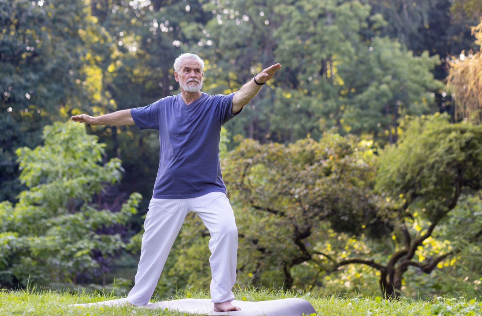 An older adult stands on a yoga mat and stretches while performing tai chi in a beautiful green park