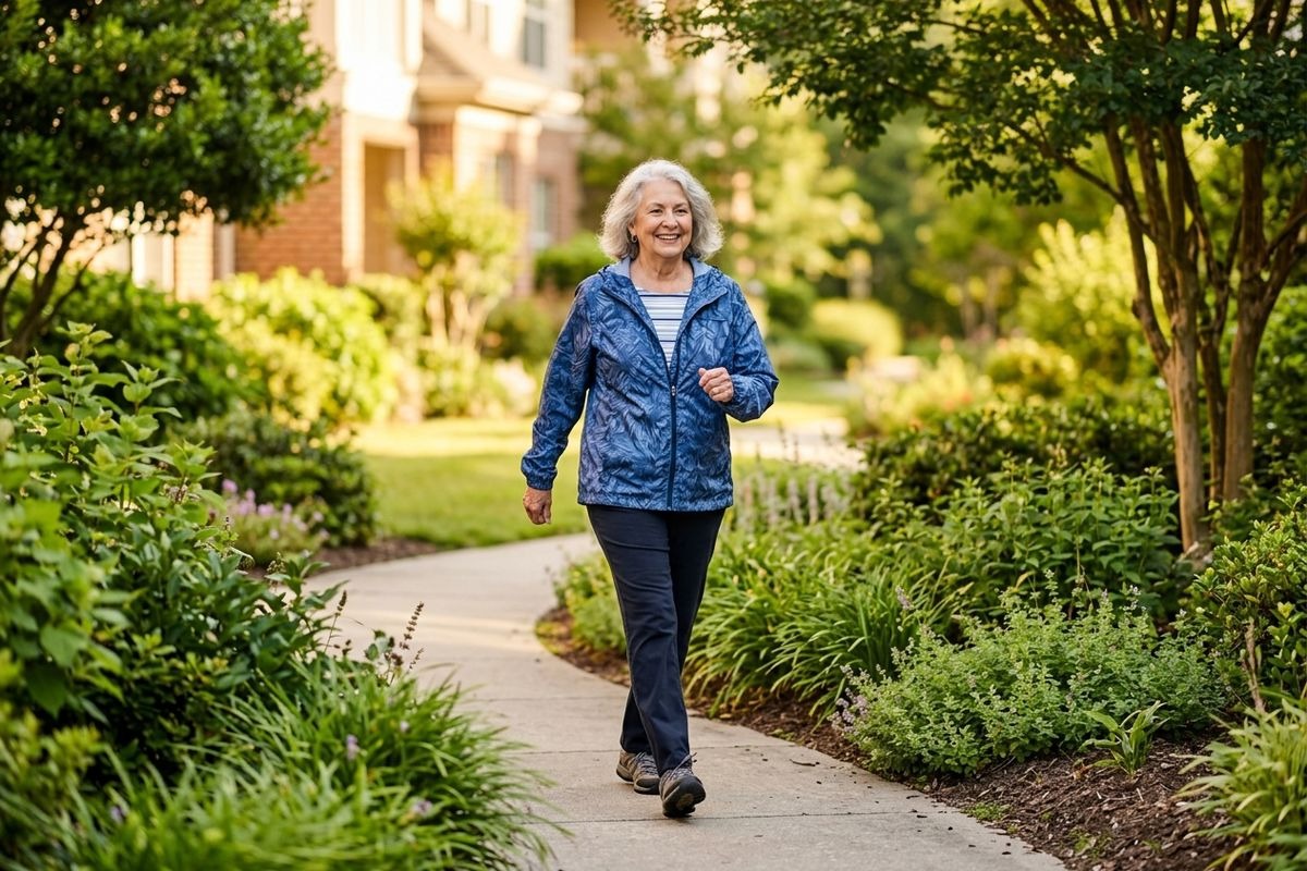 An older adult in a blue jacket walks with a smile along a garden path lined with greenery, near a brick building.