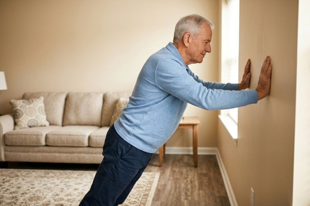 An older adult does wall push-ups, with their hands pressed against the wall, in a living room.