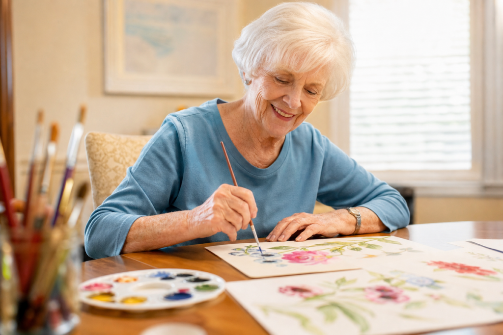 A smiling older adult paints watercolor flowers at a table with a paint palette and brushes.