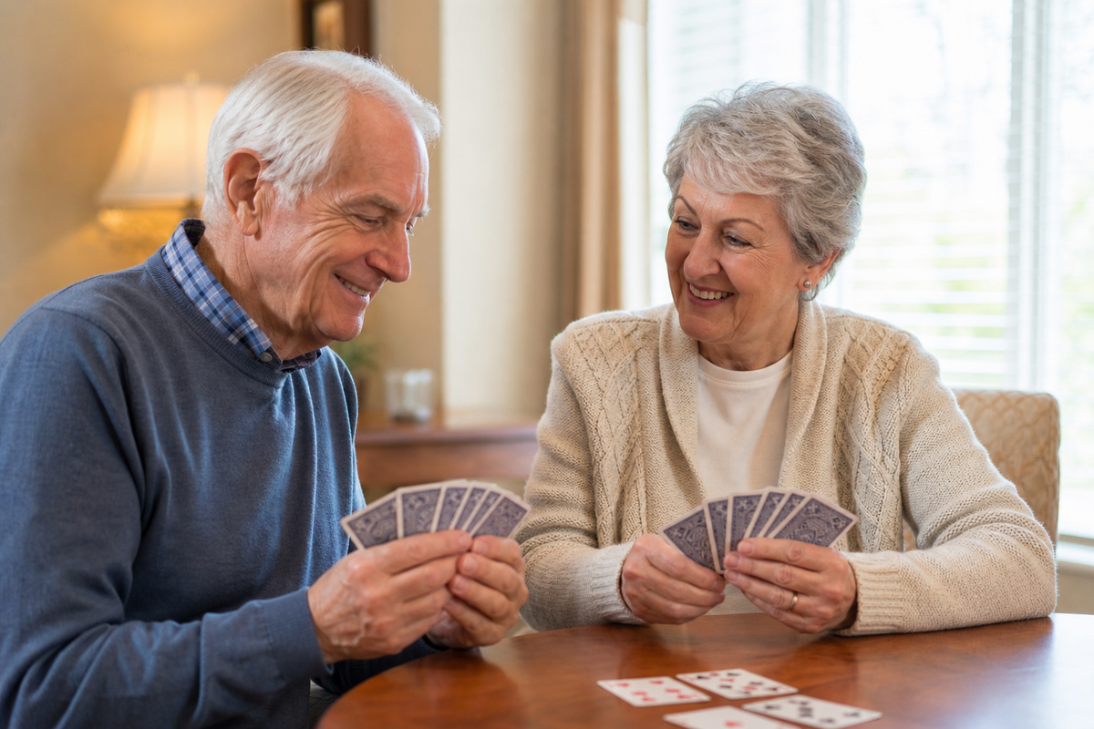 Two older adults are smiling while playing cards at a wooden table indoors.