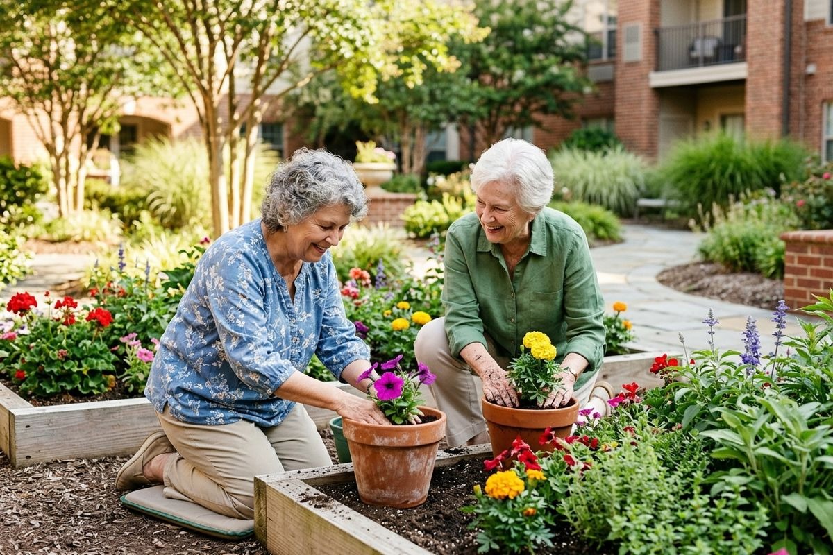 Two older adults smile while planting flowers in pots outside.