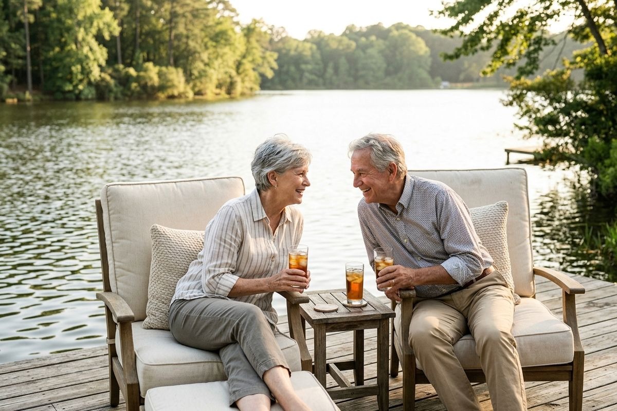 Two older adults smile at each other while sitting on cushioned chairs by a lake and holding glasses of iced tea.