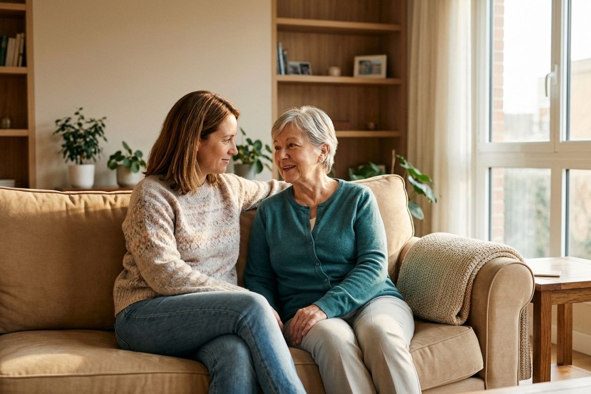 An older adult and their adult child sitting close on a beige sofa, smiling at each other in a sunlit living room with bookshelves and plants.