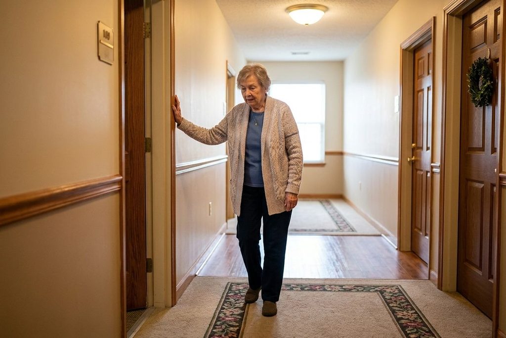 Older adult walking down a hallway, steadying themselves with one hand against a doorframe.