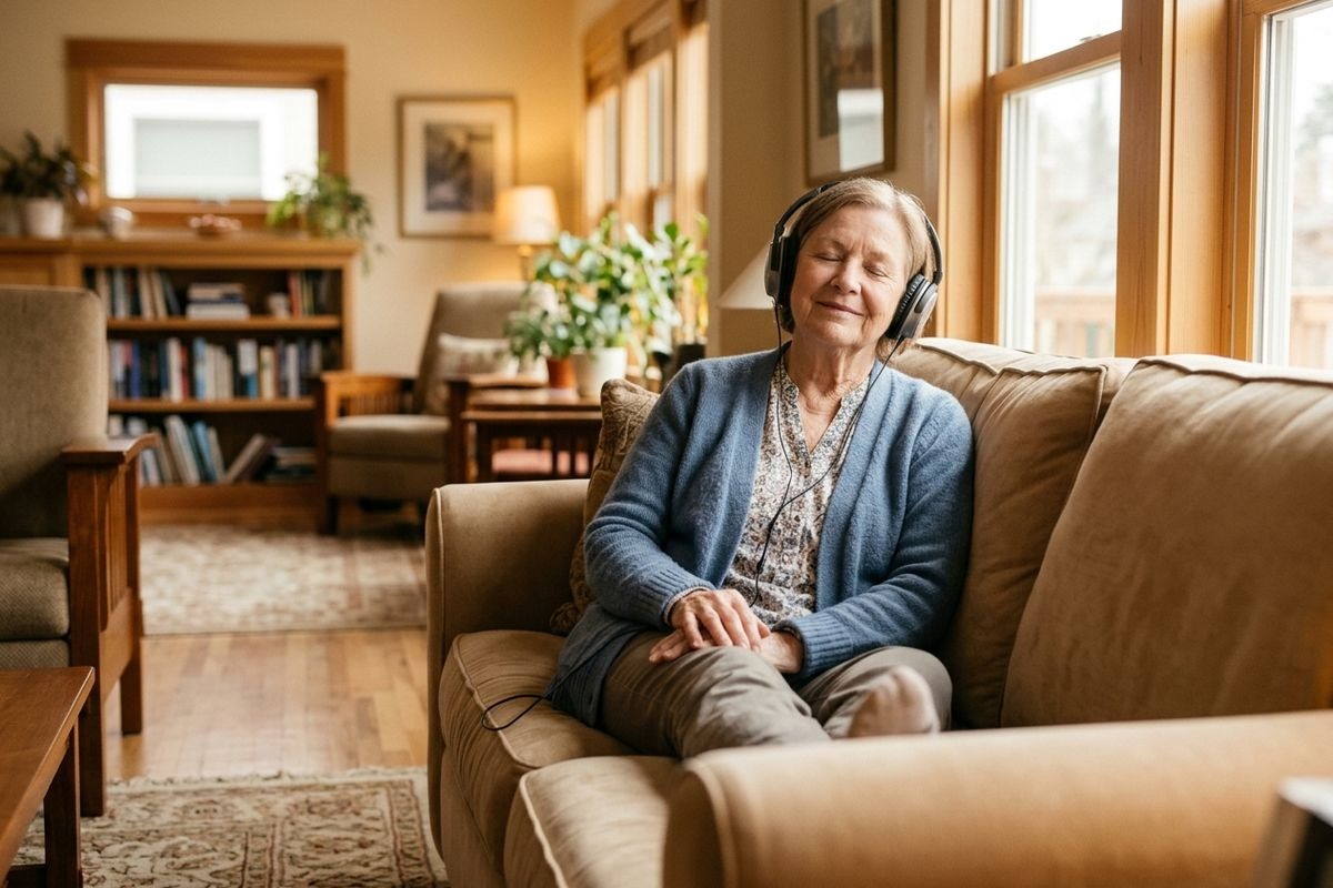 A senior smiles with headphones and eyes closed, sitting on a couch in a living room with bookshelves.