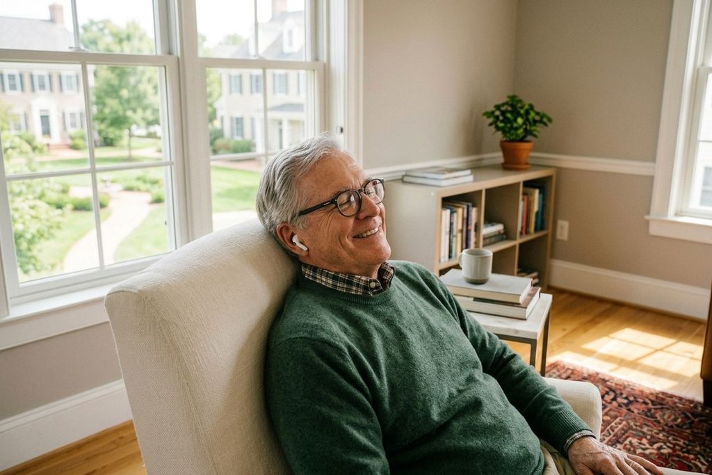 A senior with glasses and earbuds smiles, relaxing in an armchair by a window with a bookshelf and a potted plant nearby.